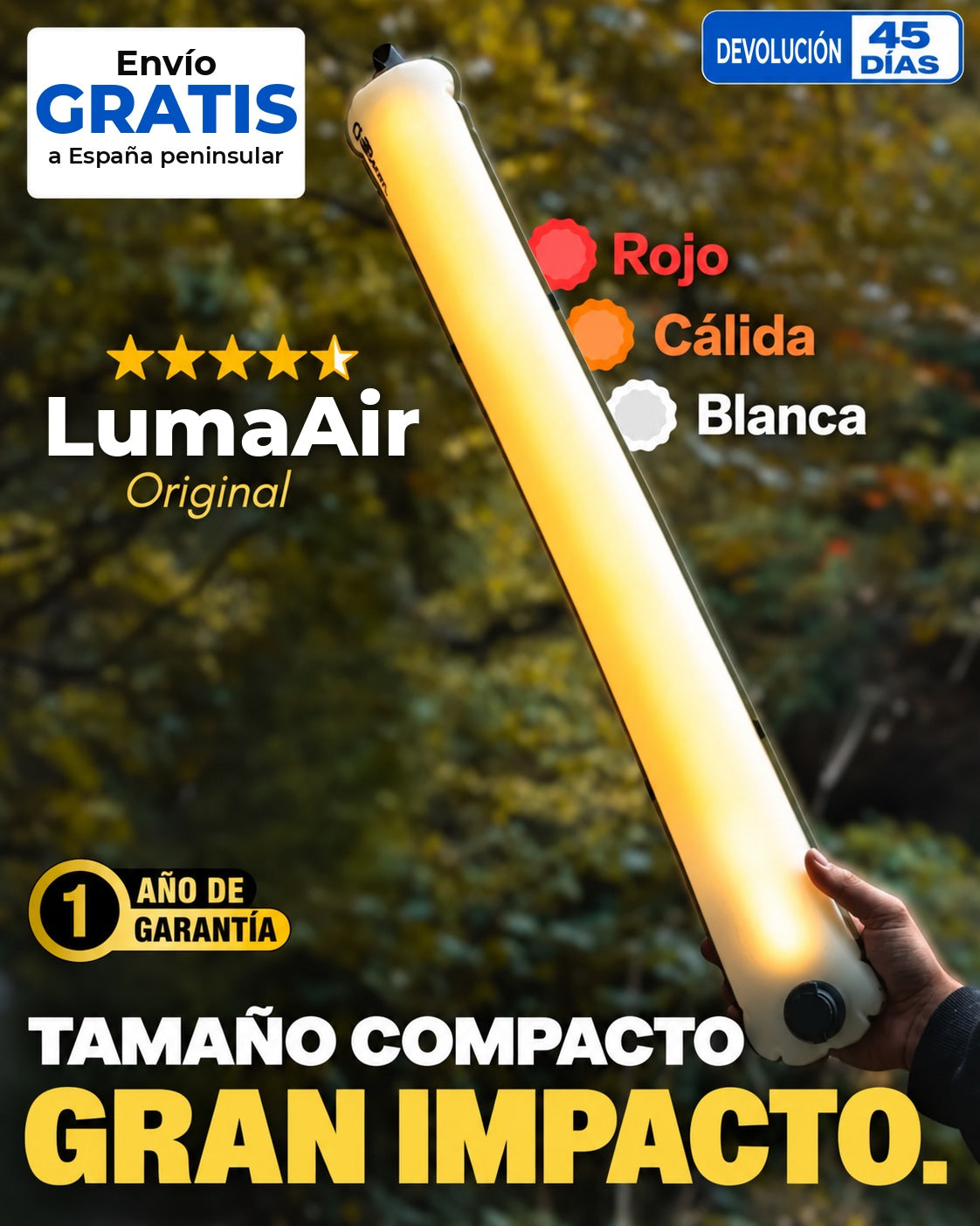 LumaAir Original: luz roja, cálida y blanca, 1 año de garantía y 45 días de devolución